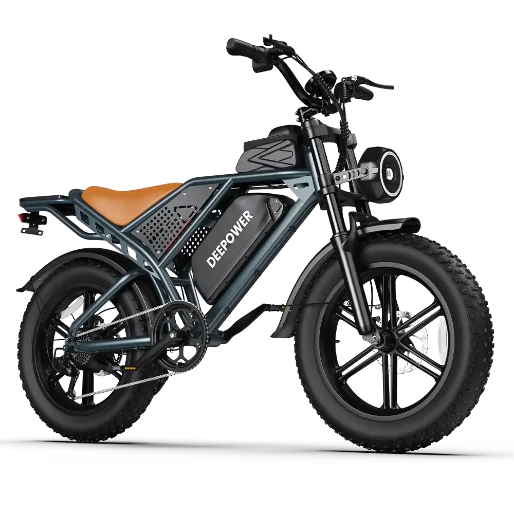 Deepower electric bike with fat tires and brown leather seat in studio setting