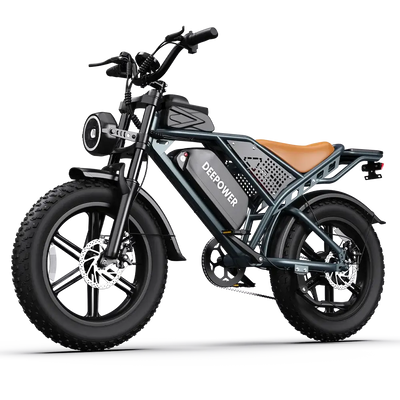 Deepower electric bike with fat tires, black frame, brown seat, and round headlight