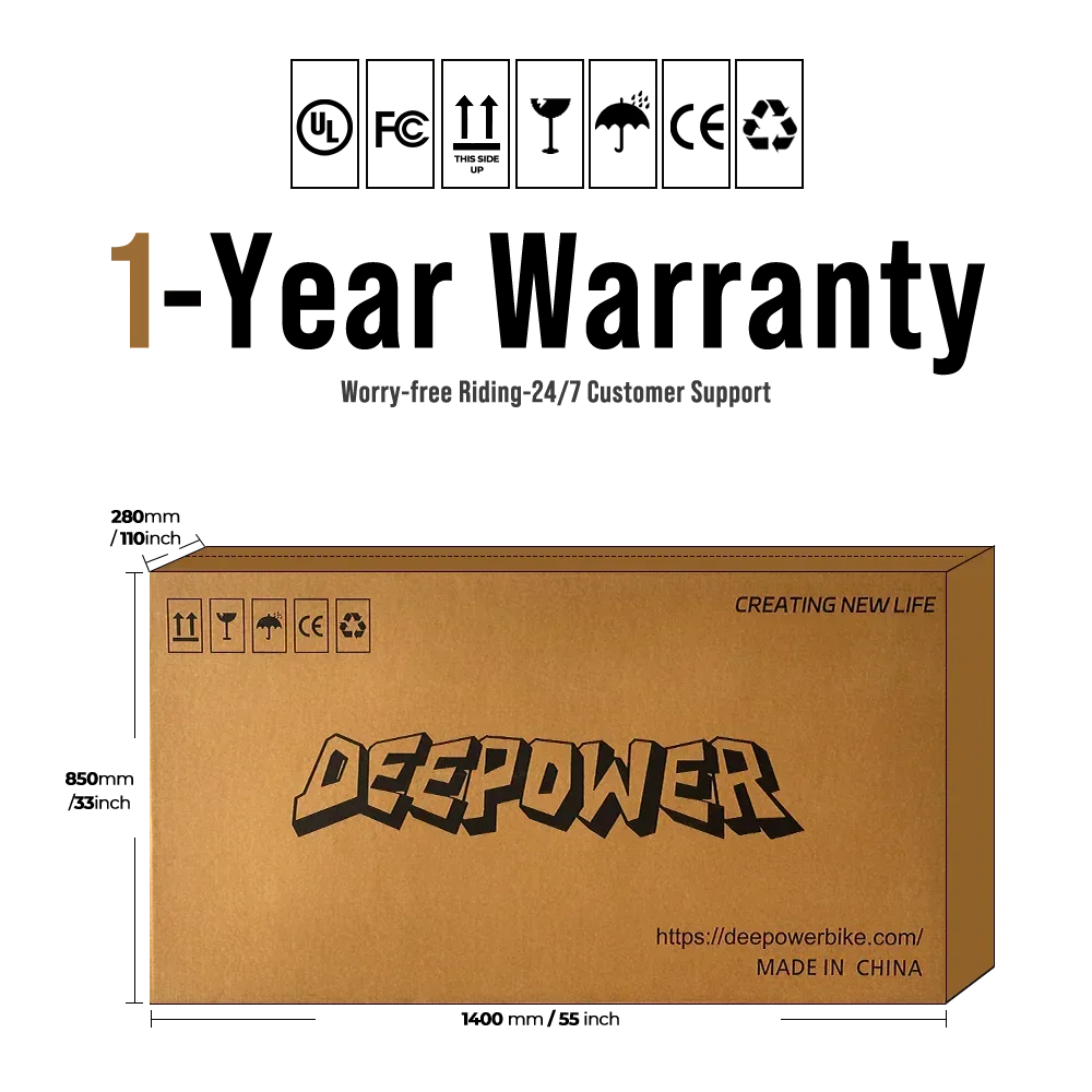 DEEPPOWER branded brown shipping box with packaging icons and website link for electric bikes
