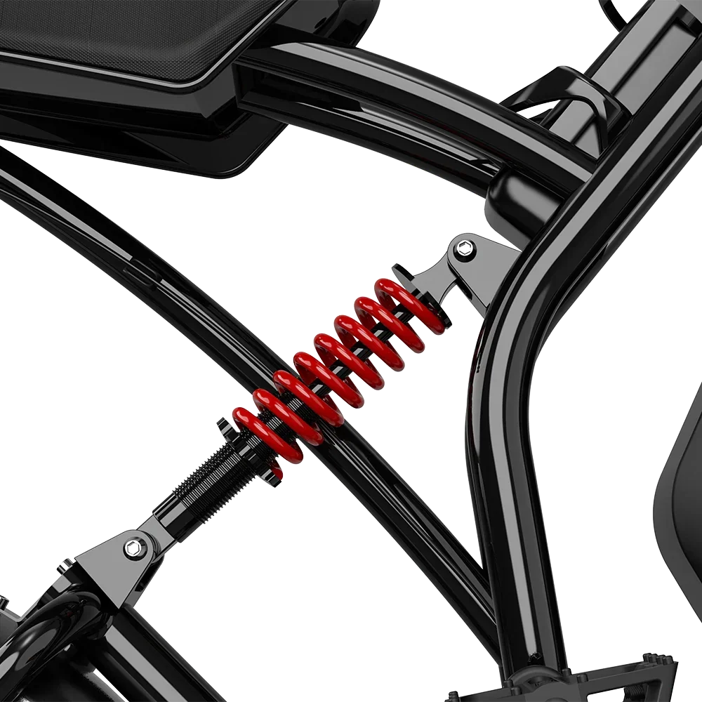 Close-up of DEEPOWER S20 electric bike rear central shock absorber with red coil spring and black frame