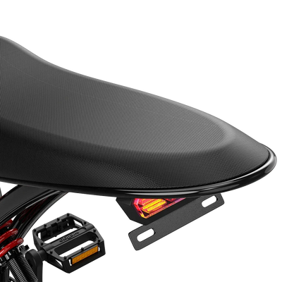 DEEPOWER electric bike black comfort seat with integrated rear light and pedal detail