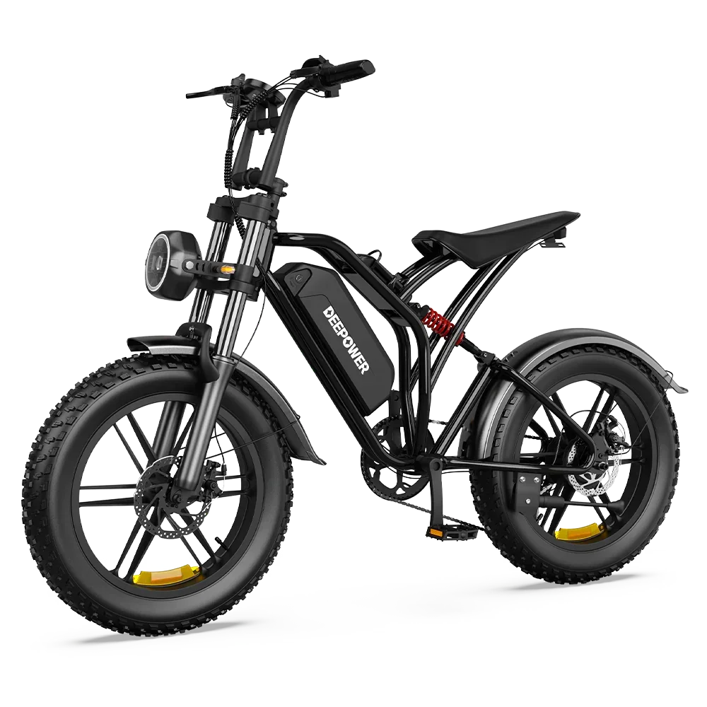 DEEPOWER black electric fat tire bike with front suspension and LED headlight, shown front left 45 degrees