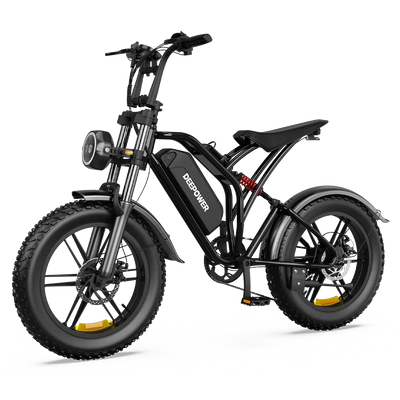 DEEPOWER black electric fat tire bike with front suspension and LED headlight, shown front left 45 degrees