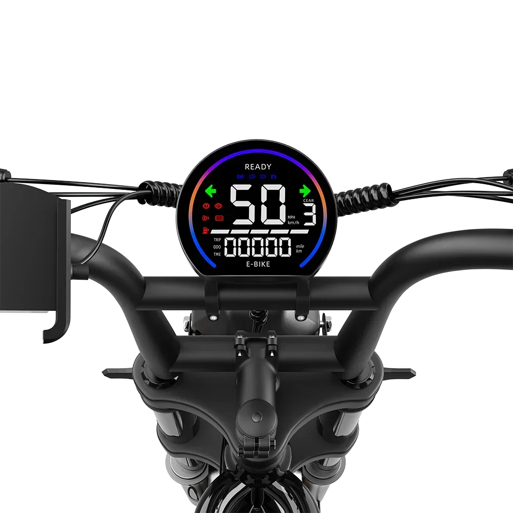 DEEPOWER e-bike handlebar with round LCD display showing speed 50 mph, gear 3, turn signals, and trip data