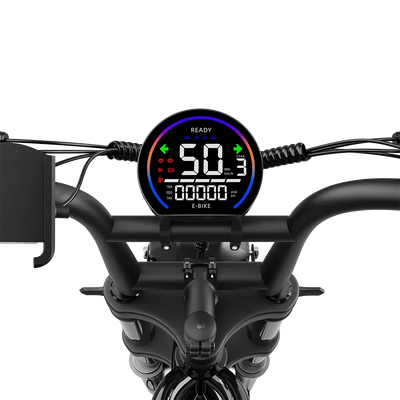 DEEPOWER e-bike handlebar with round LCD display showing speed 50 mph, gear 3, turn signals, and trip data