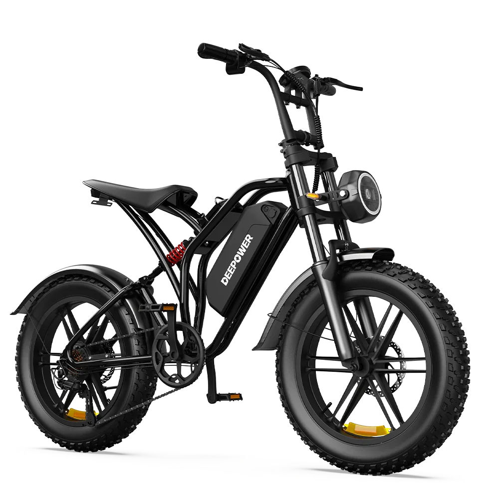 Black DEEPOWER electric bike with fat tires, front suspension, and integrated battery for city and off-road riding