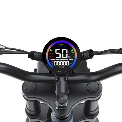 Close-up of e-bike handlebar with digital display showing speed 50, gear 1, and ready status