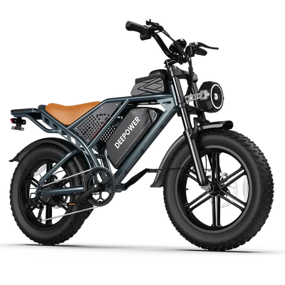 Deepower electric bike with fat tires and brown leather seat in studio setting